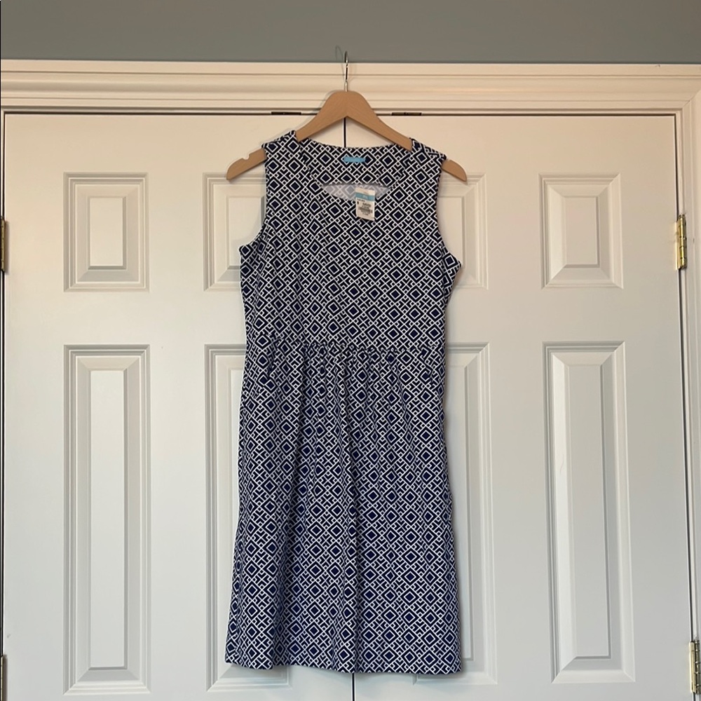J. McLaughlin Blue and White Elaine Diamond Geometric Design Midi Dress